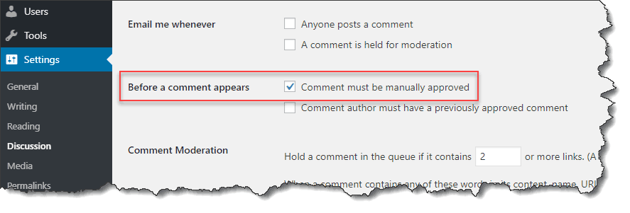 comment moderation settings wordpress
